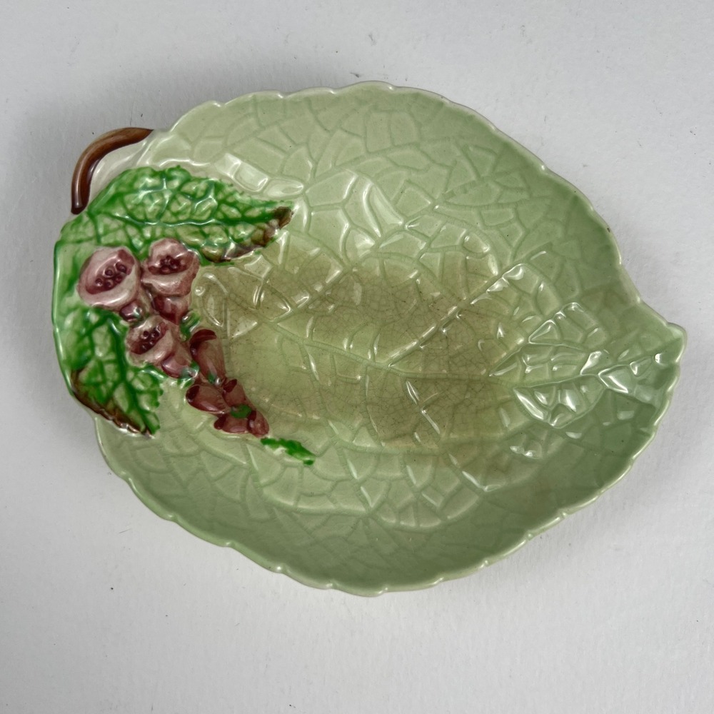 Vintage Carlton Ware Leaf Dish Small Green Foxglove Floral Majolica Trinket Bowl